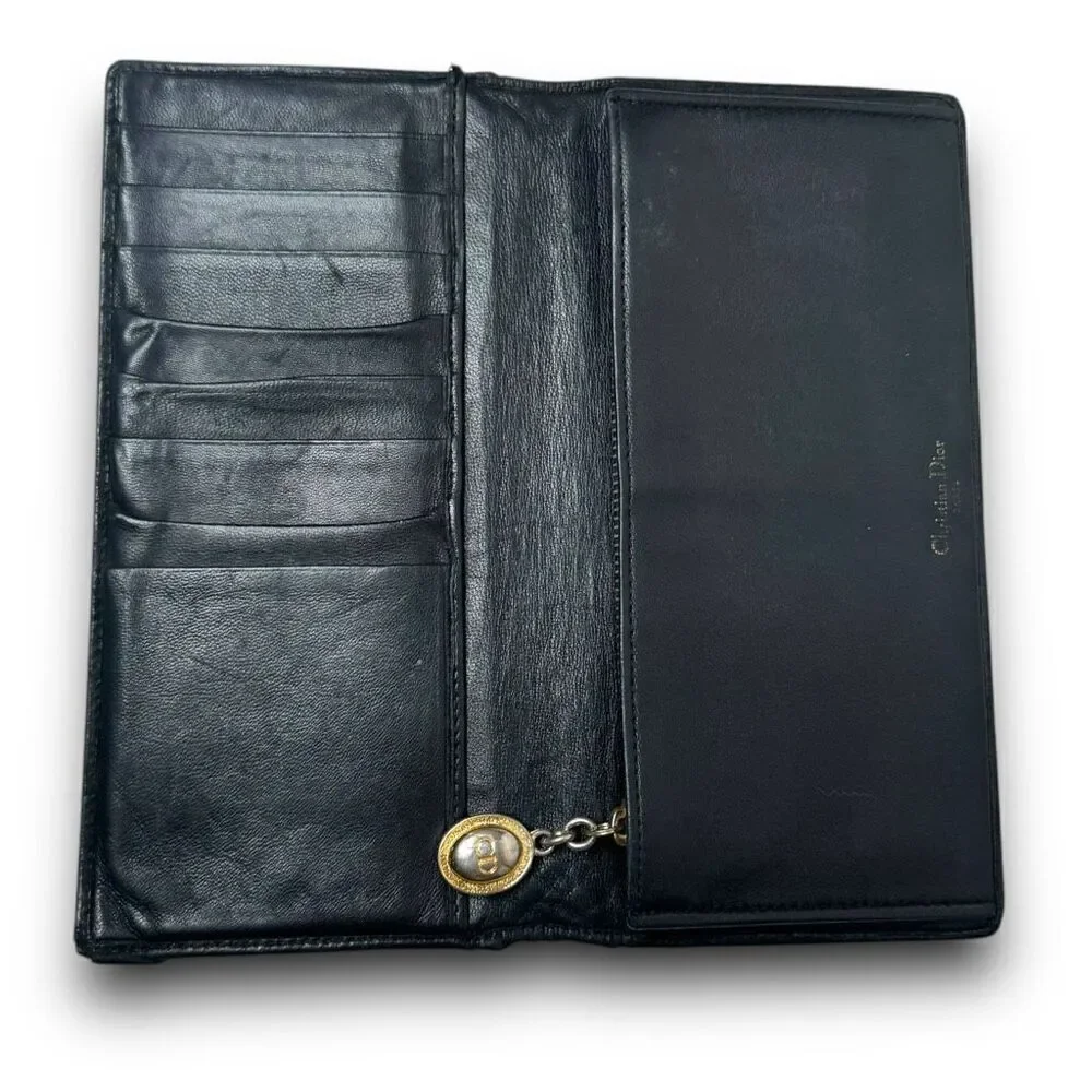 Vintage Christian Dior Lady Dior Black Leather Quilted Long Wallet 7.5 x 3.75